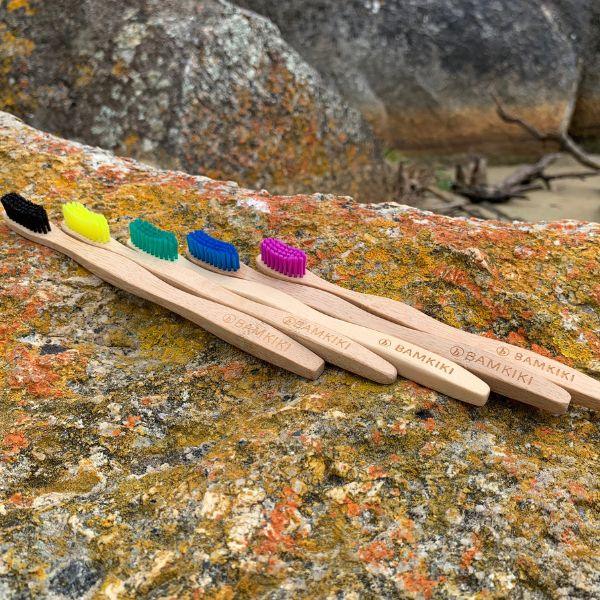 Bamkiki_Sustainable_Eco_Friendly_zero waste oral care bamboo toothbrush with different coloured bristles black yellow green blue pink