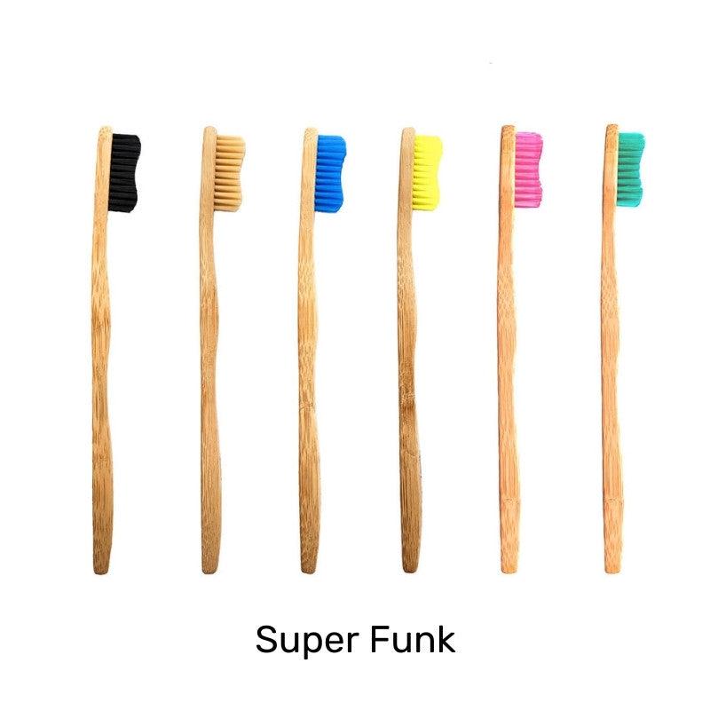 Eco Friendly Sustainable Bamboo Toothbrush Adult Size- Bamkiki - six pieces - wholesale-bulk buy- super funk - black naturel blue yellow pink green coloured bristle