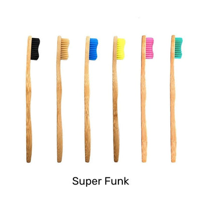 Eco Friendly Sustainable Bamboo Toothbrush Adult Size- Bamkiki - six pieces - wholesale-bulk buy- super funk - black naturel blue yellow pink green coloured bristle