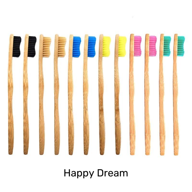 Eco Friendly Sustainable Bamboo Toothbrush Adult Size- Bamkiki - twelve pieces - wholesale-bulk buy- the happy dream black beige green blue yellow pink colour bristle