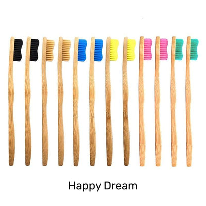 Eco Friendly Sustainable Bamboo Toothbrush Adult Size- Bamkiki - twelve pieces - wholesale-bulk buy- the happy dream black beige green blue yellow pink colour bristle