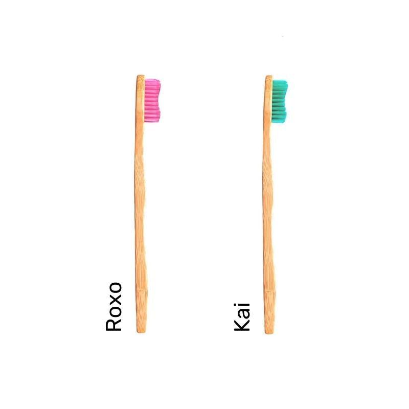 Eco Friendly Sustainable Bamboo Toothbrush Adult Size- Bamkiki - two pieces - kai roxi - pink green coloured bristle