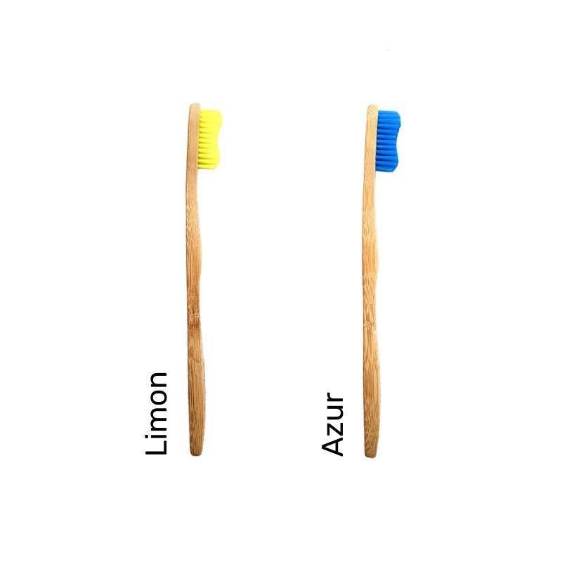 Eco Friendly Sustainable Bamboo Toothbrush Adult Size- Bamkiki - two pieces - limon azur- yellow blue coloured bristle